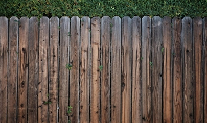 Weathered wooden fence with green foliage background, highlighting rustic outdoor garden atmosphere.