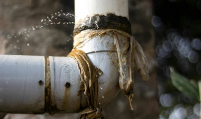 Leaking pipe wrapped in cloth, water spraying out. Plumbing issue needing urgent repair to prevent water damage.